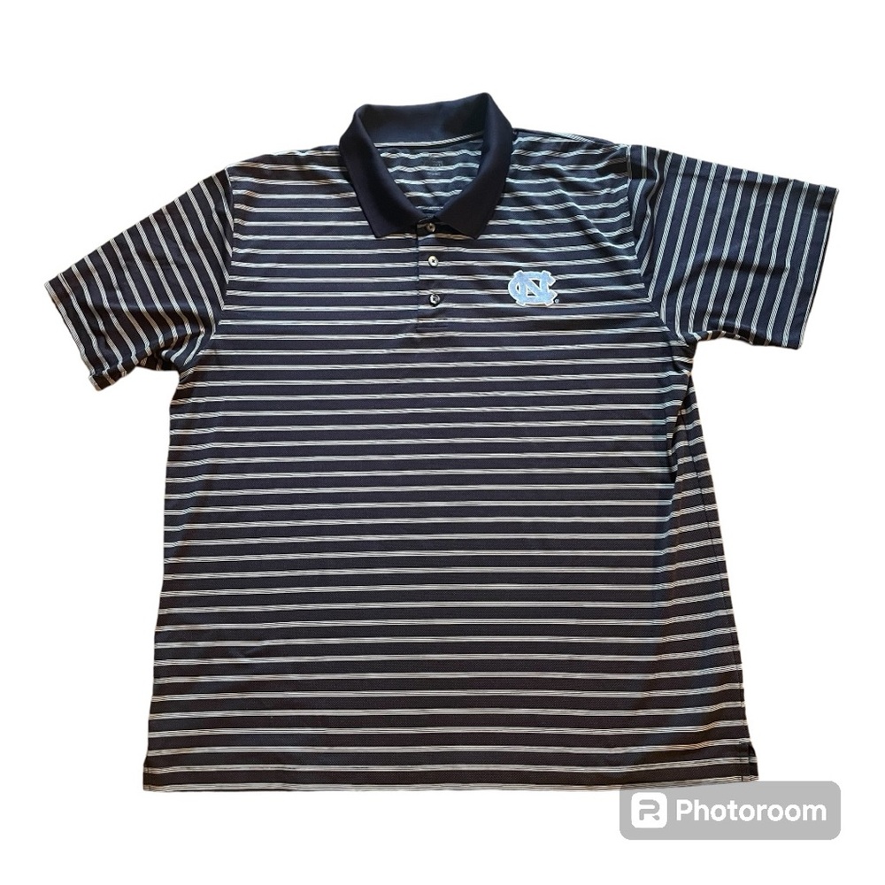 UNC - men’s 2XL/2XG knit polo golf shirt 100% polyester navy blue &white stripes